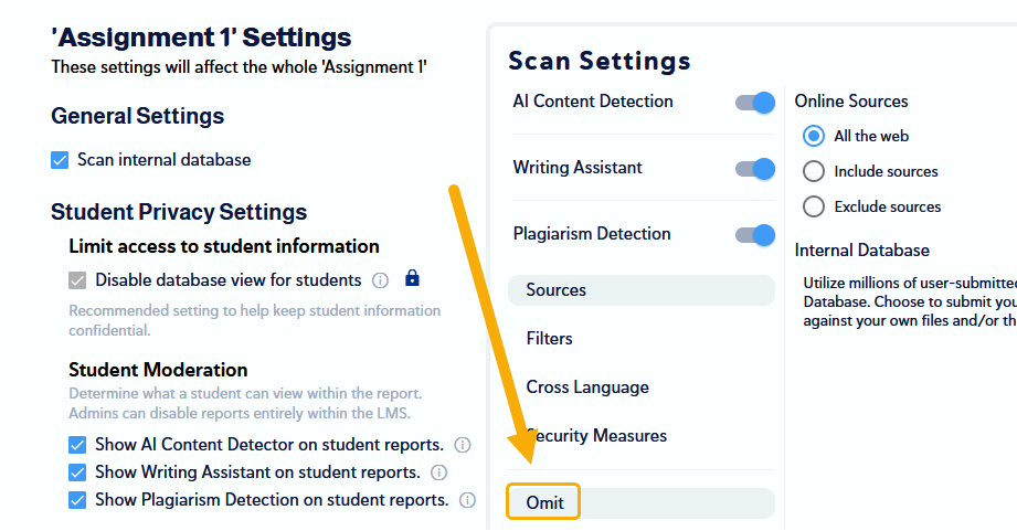 Settings menu for assignment configuration.