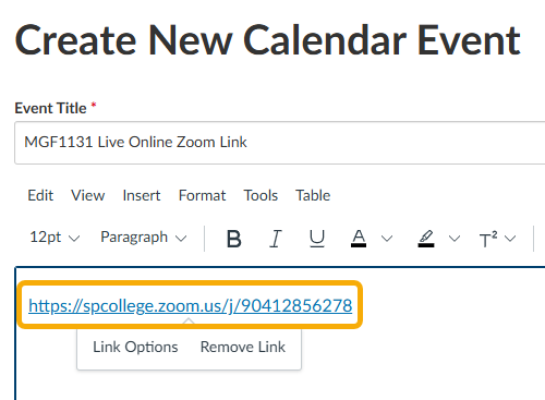 Create new calendar event with Zoom link.