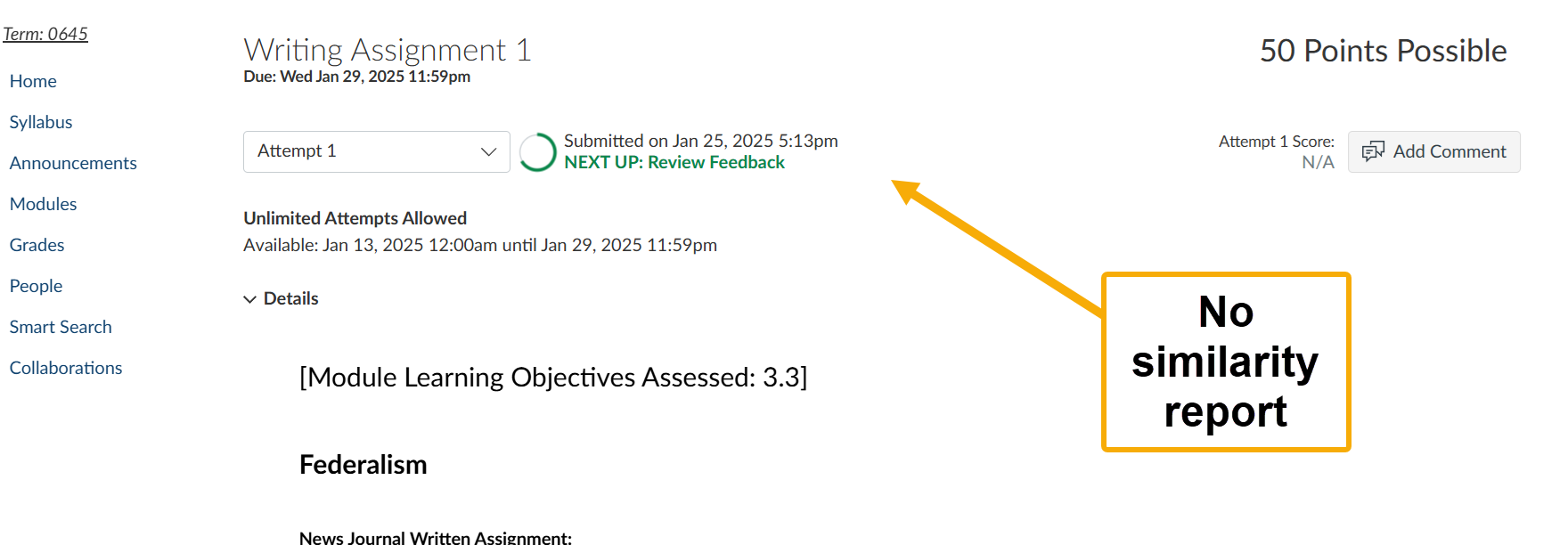 Writing assignment details and feedback options.