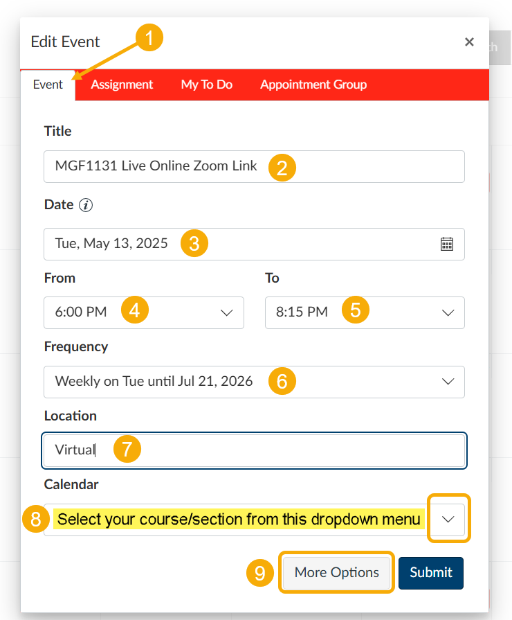 Event editing interface with date and time options.