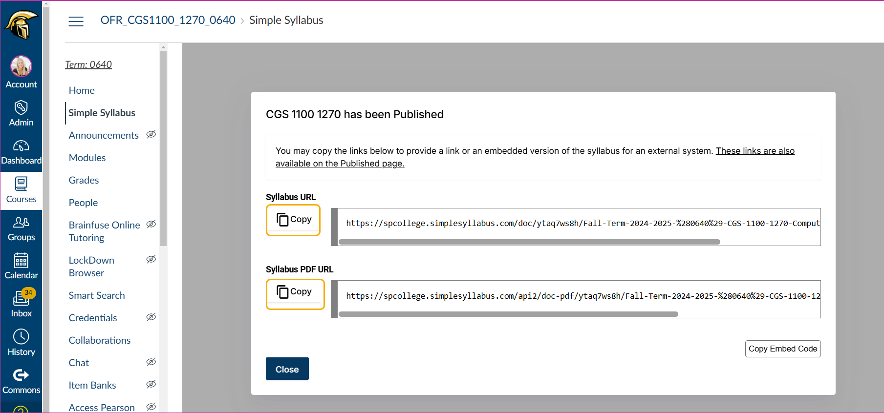 Syllabus publication interface with URLs displayed.