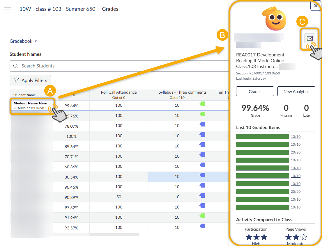 Gradebook interface showing student performance details.