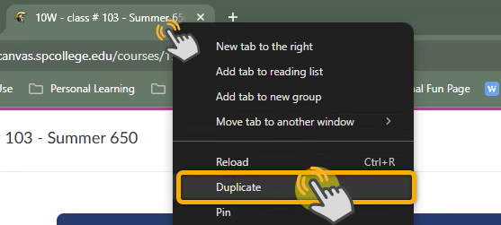 Menu options for duplicating a browser tab.