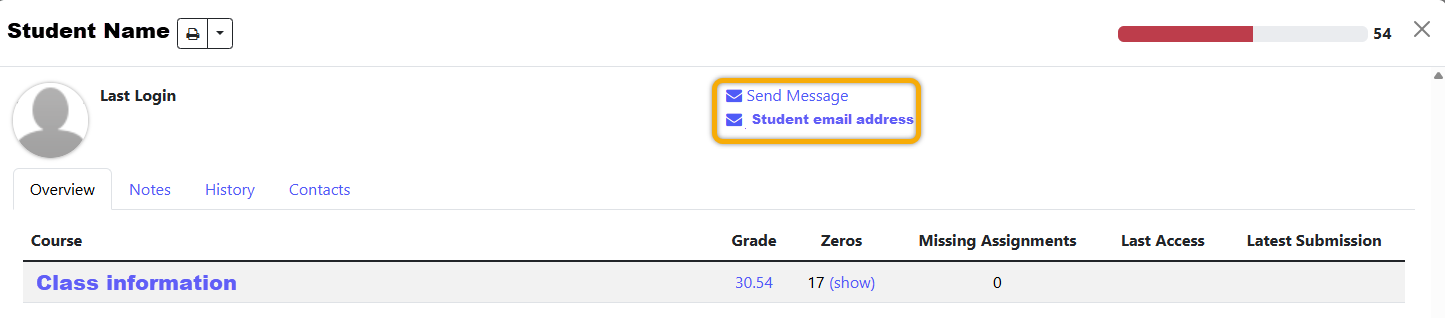 Student information dashboard with grades and options.