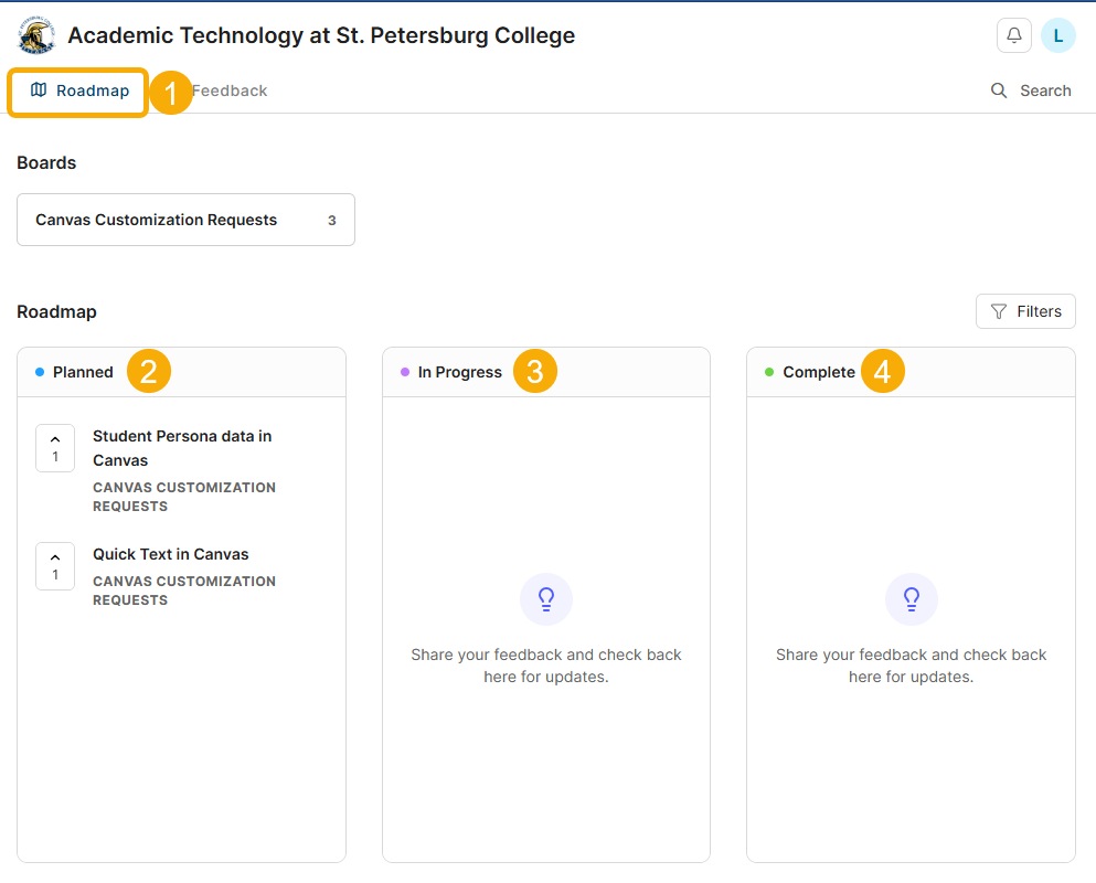 Roadmap interface for Canvas customization requests.