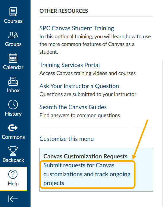 Canvas customization request section in a menu.