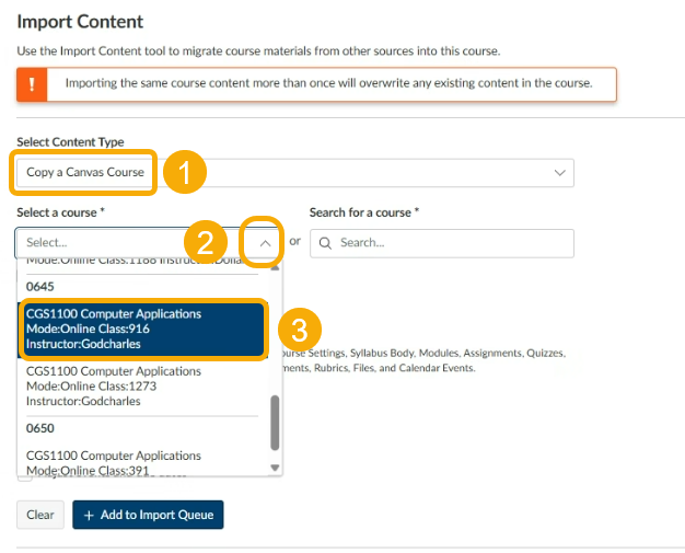 Import content tool for a course in Canvas.