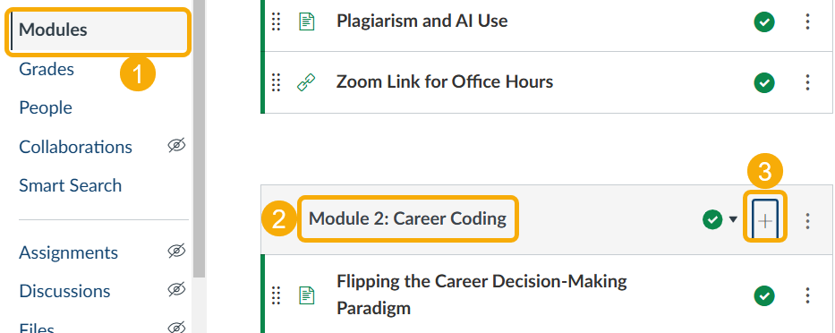 Navigation menu with course modules listed.