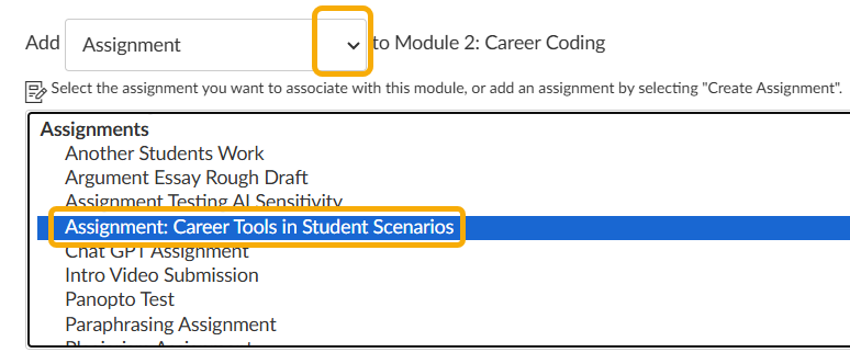 Dropdown menu for assignment selection.