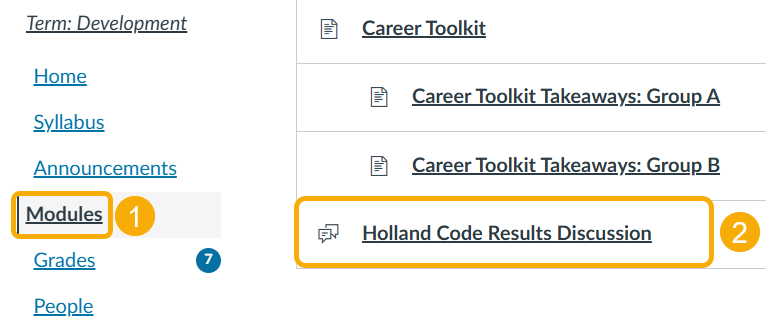 Course navigation menu with highlighted modules.