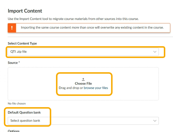 Import content interface for course materials.