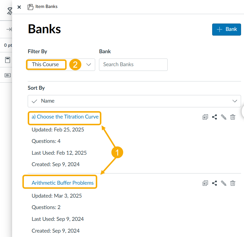 Item bank interface with two entries listed.