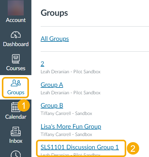 Navigation menu with group listings.