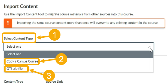 Import content options for a course.