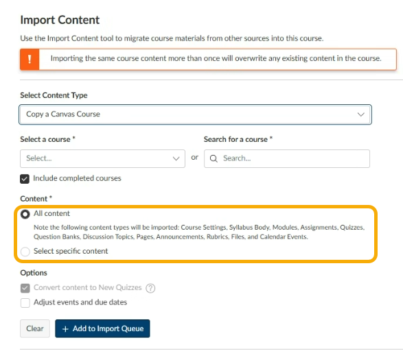 Import content tool for course materials.