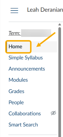 Sidebar menu with "Home" highlighted.