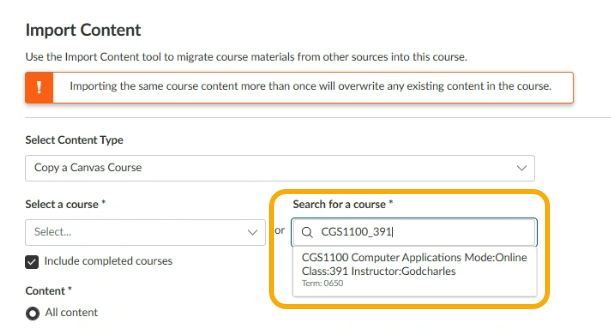 Import content tool for a course in Canvas.