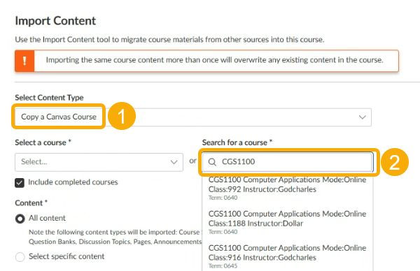 Import content tool for a course in Canvas.