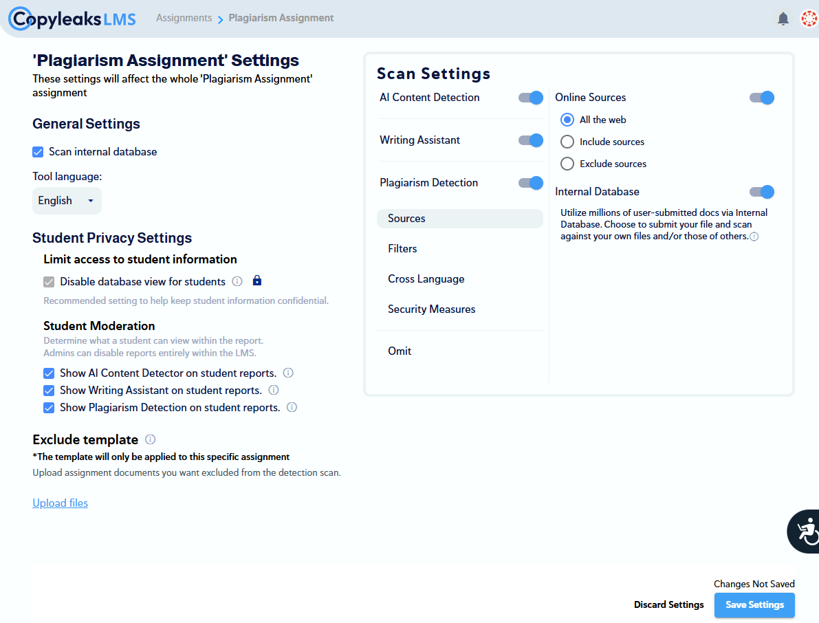 Plagiarism assignment settings interface.
