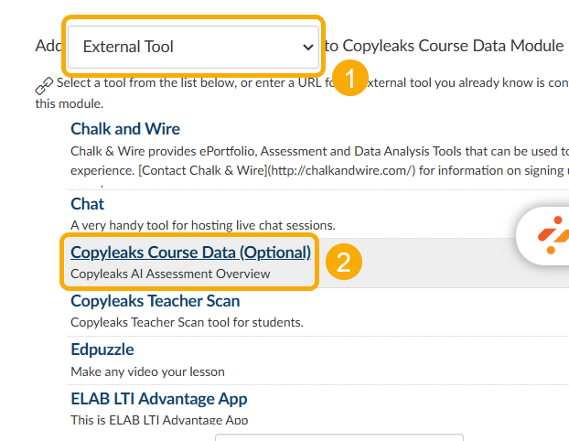 Dropdown menu for selecting external tools.