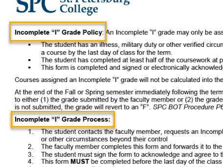 Incomplete grade policy and process document.