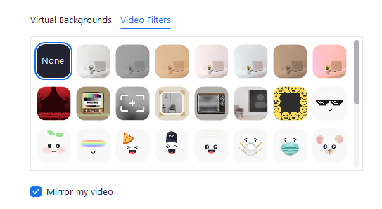 Video filter options for virtual backgrounds.
