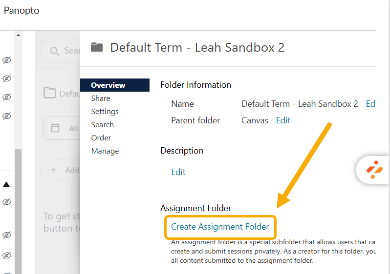 Panopto interface showing "Create Assignment Folder" option.