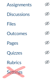 Menu options with "Settings" crossed out.