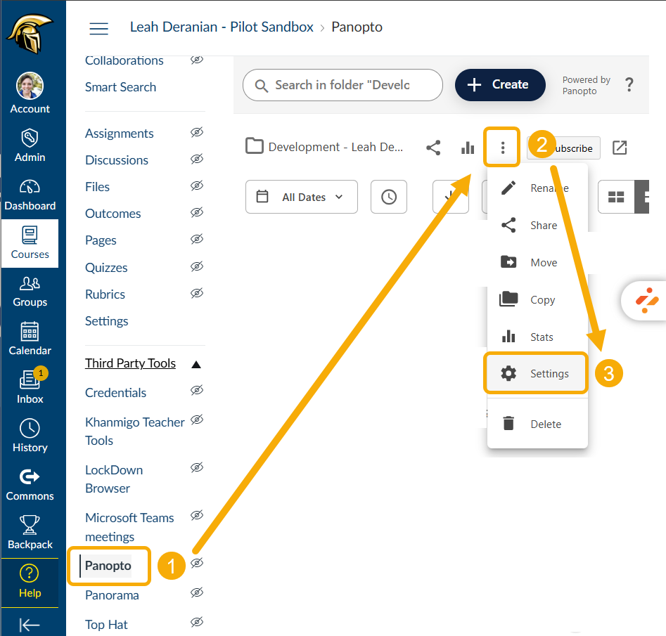 Menu options in a digital interface for Panopto.