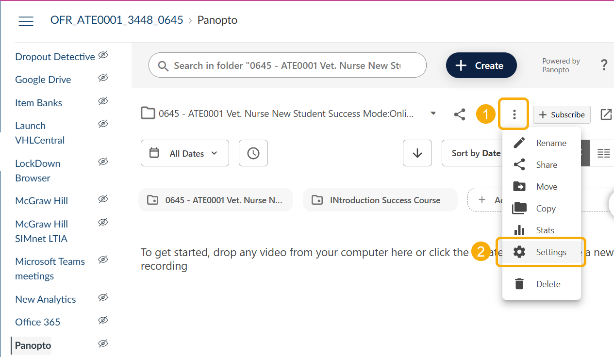 Panopto interface with video upload options.