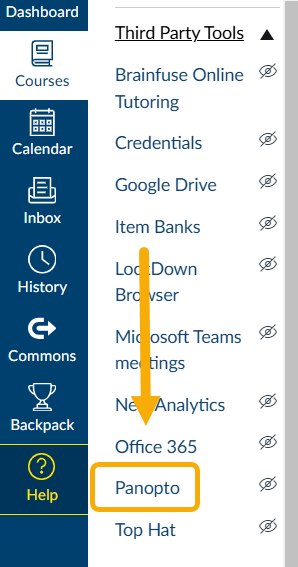 Menu showing third-party tools with Panopto highlighted.